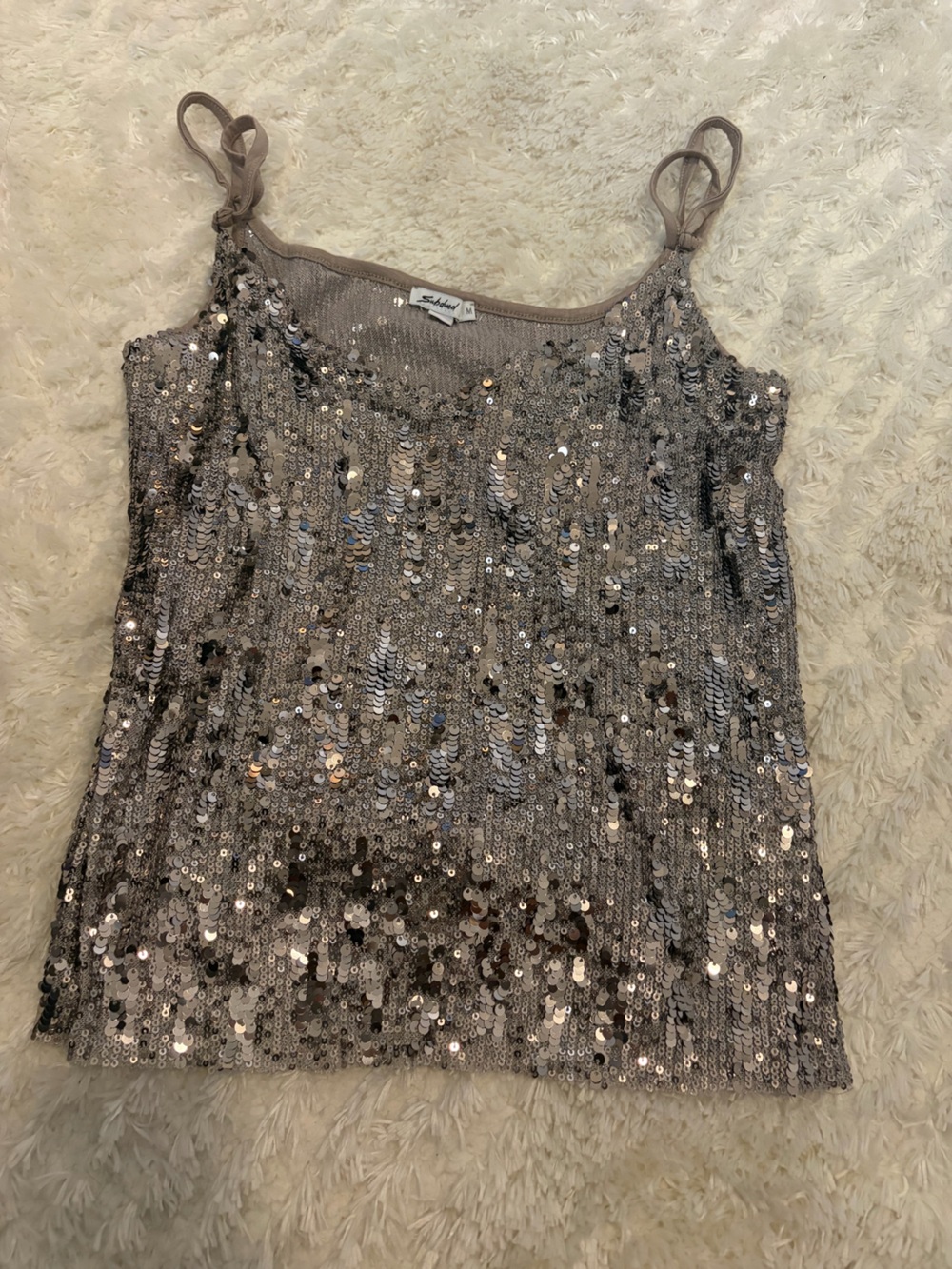 Beaded Sequin Cami Tank Top - Silver Taupe